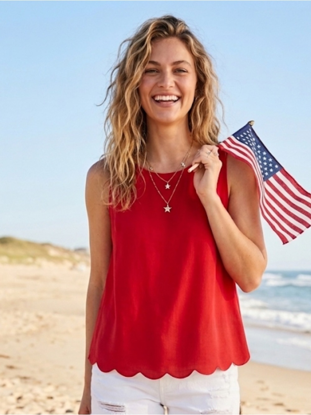 Red Scalloped-Hem Sleeveless Tank Top